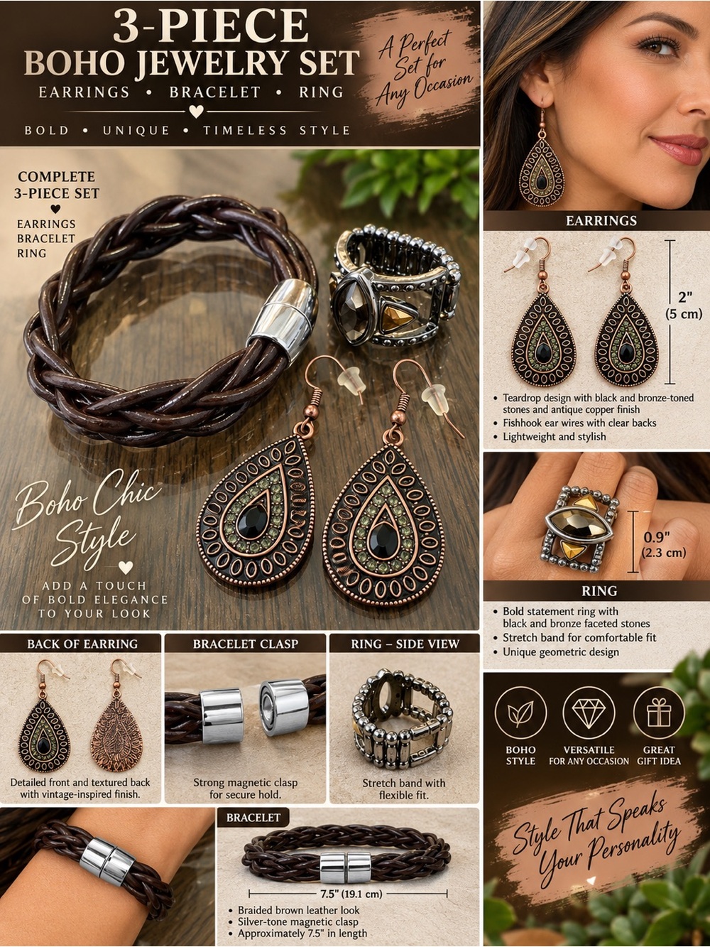 Boho 3-Piece Jewelry Set - Brown Teardrop Earrings, Bracelet & Ring